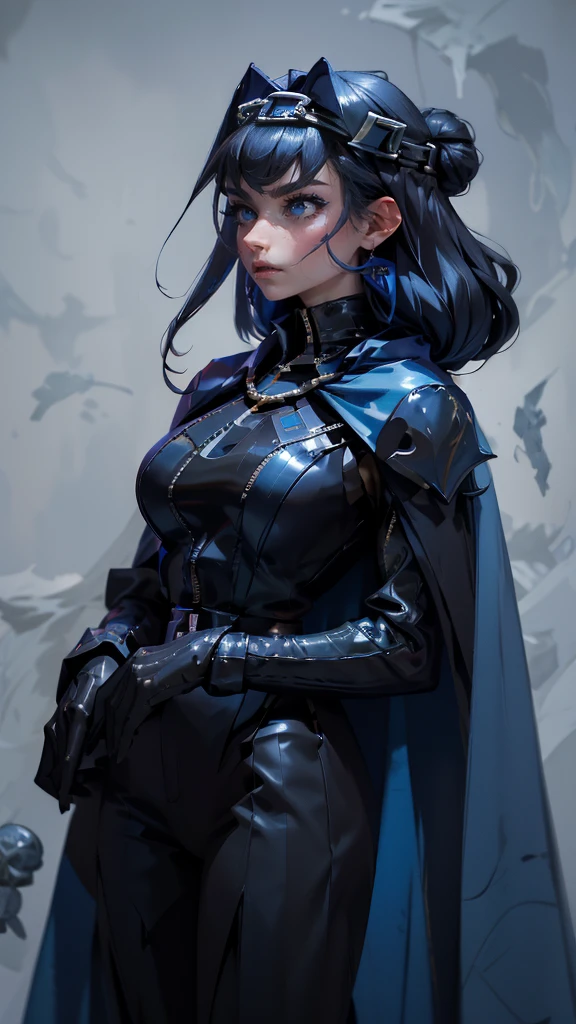 envision a 8k, highres, cinematic, fully body design sheet of a fierce empress Big tall girl with long legs named Kronii Ouro with long dark blue hair in a bun, blue eyes, wrapped in chains, wearing Darth Vader's Suit with a long flowing blue cape, a black helmet mask against a dark background