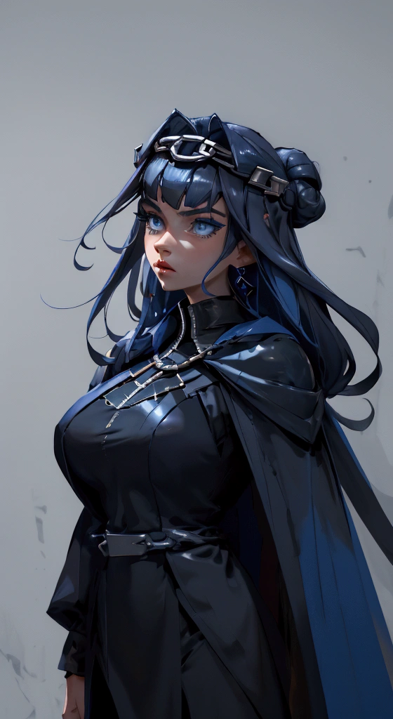 envision a 8k, highres, cinematic, fully body design sheet of a fierce empress Big tall girl with long legs named Kronii Ouro with long dark blue hair in a bun, blue eyes, wrapped in chains, wearing Darth Vader's Suit with a long flowing blue cape, a black helmet mask against a dark background