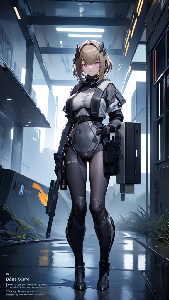 The alone young short light brown hair with purple eye woman as the lone character, stand alone holding a sci-fi pistol and sci-fi sniper rifle , sci-fi city , High detail mature face, combat suit, white glove, black boot, high res, ultra sharp, She stands confidently in the center of the poster ， Yandere , Yandere Face , Trance , Trance Eyes , yameroyandere , constricted pupils , yandere , empty eyes . shaded face , crazy eyes , glowing eyes , crazy smile ,Wear fashion-forward cyborg-futuristic outfits，a determined expression on her face。The background  dark and gritty，There  a sense of danger and a strong feeling。The text  bold and eye-catching，With catchy slogans，Adds to the overall drama and excitement。The color palette  dominated by dark colors，Dotted with bright colorake the poster dynamic and visually strikinagazines:1.3), (Cover-style:1.3), Fashion, vibrant, Outfit, posing on a, Front, rich colorful，Background with，element in，self-assured，Expressing the，halter，statement，Attachment，A majestic，coil，Runt，Touching pubic area，Scenes，text，Cover of a，boldness，attention-grabbing，titleashion，typeface，，Best quality at best，Hyper-detailing，8K ，hyper HD