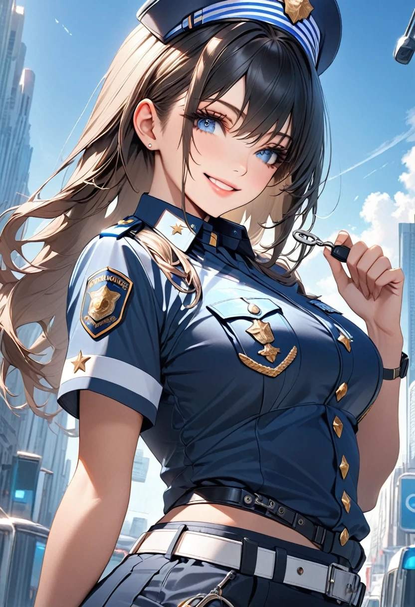 Attractive police girl, holding a key, facing the camera, smiling, mini diamonds on her outfit, detailed image, hq quality, perfect anatomy,  blue sky eyes, black long hair, pretty,beautiful 