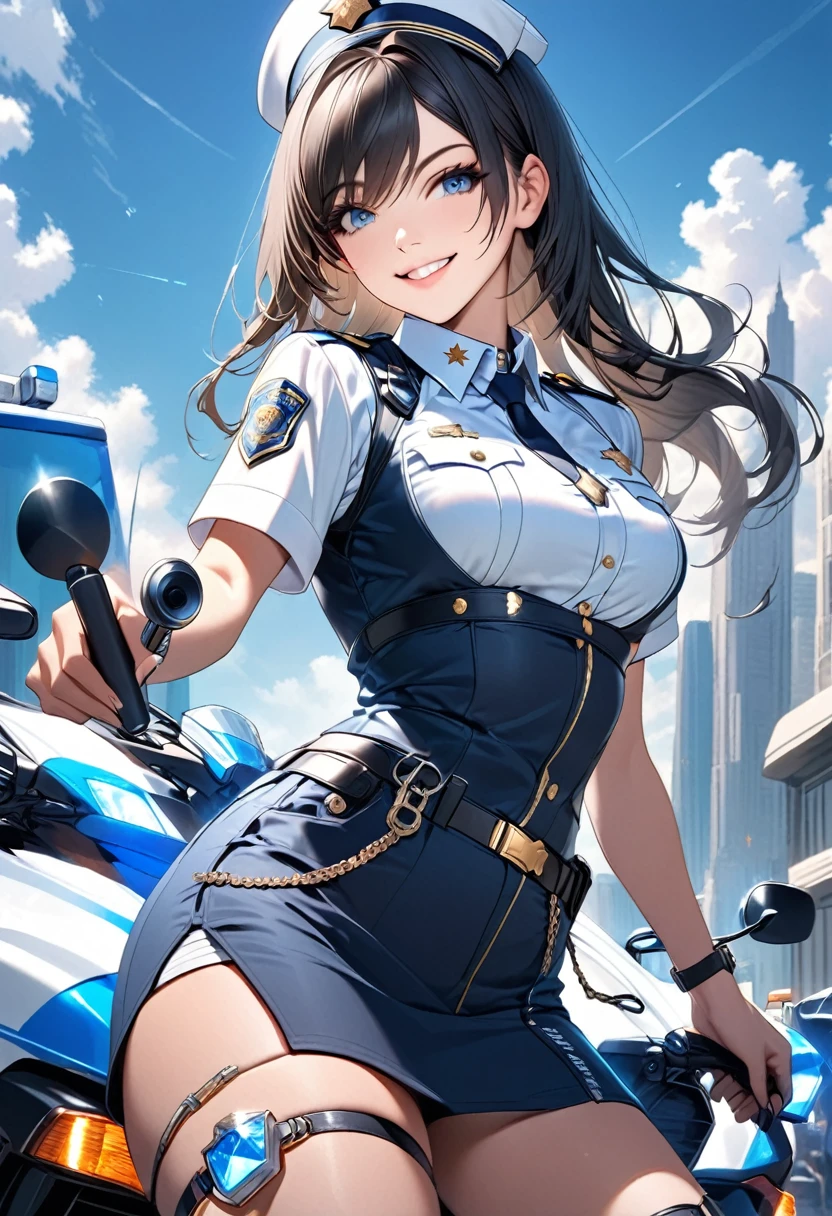 Attractive police girl, holding a key, facing the camera, smiling, mini diamonds on her outfit, detailed image, hq quality, perfect anatomy,  blue sky eyes, black long hair, pretty,beautiful 