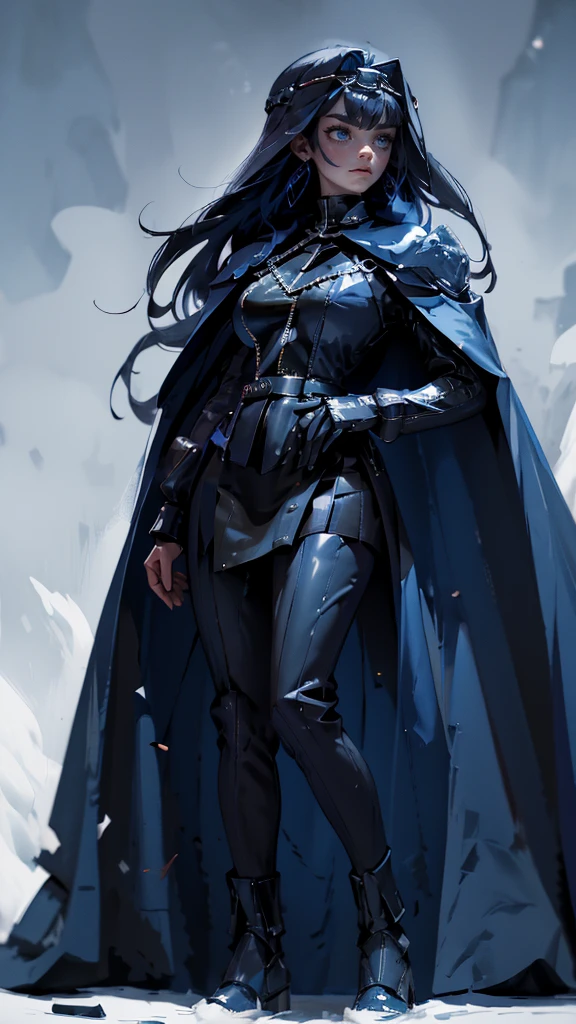 envision a 8k, highres, cinematic, fully body design sheet of a fierce empress Big tall girl with long legs named Kronii Ouro with long dark blue hair in a bun, blue eyes, wrapped in chains, wearing Darth Vader's Suit with a long flowing blue cape, a black helmet mask against a dark background