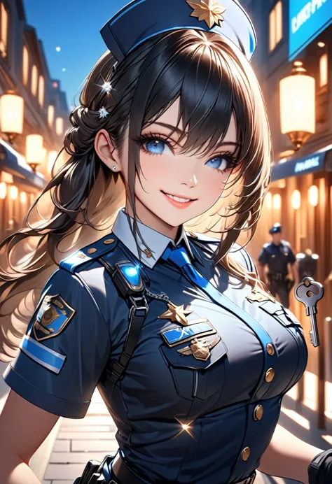 attractive police girl, holding a key, facing the camera, smiling, mini diamonds on her outfit, detailed image, hq quality, perf...