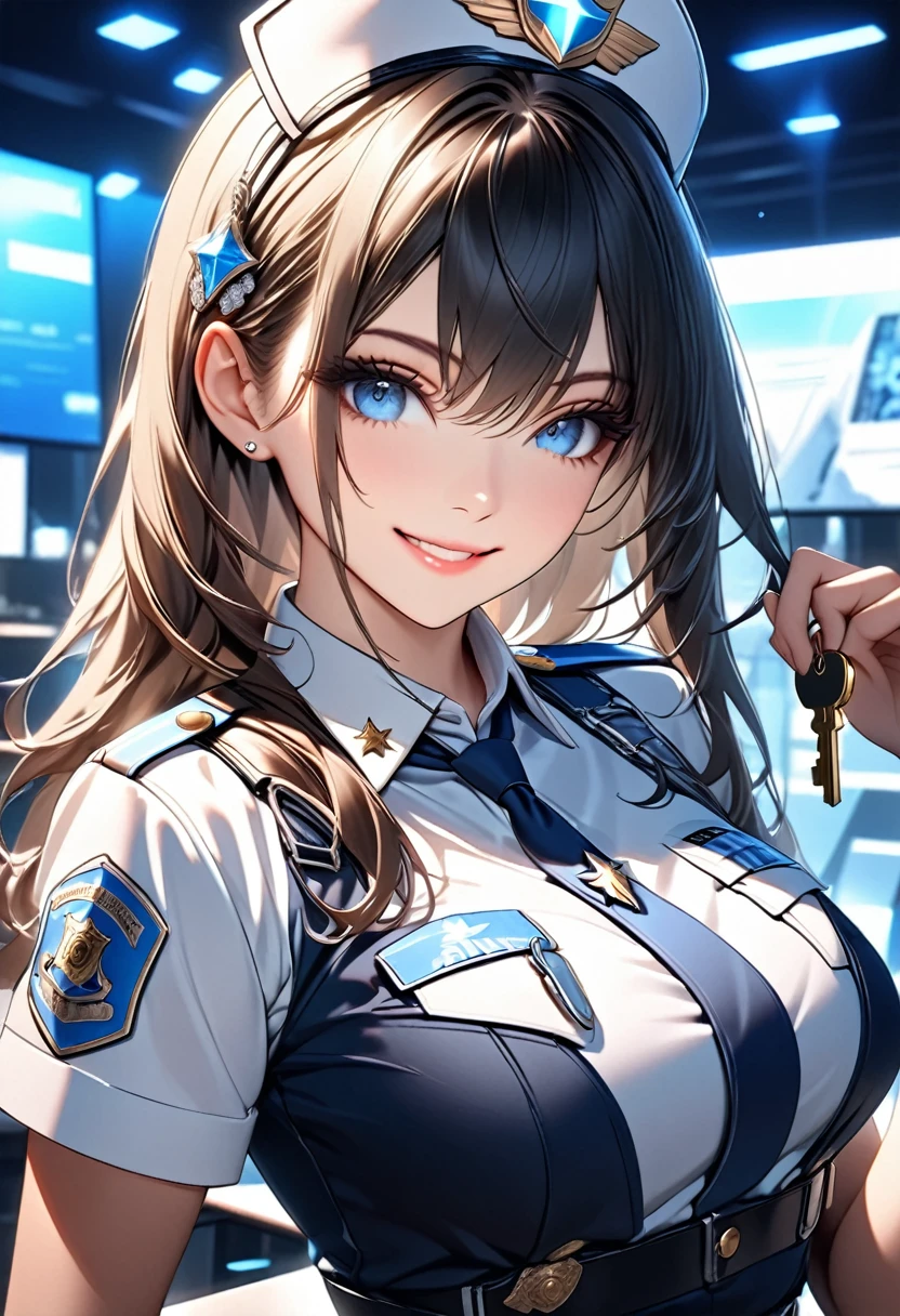 Attractive police girl, holding a key, facing the camera, smiling, mini diamonds on her outfit, detailed image, hq quality, perfect anatomy,  blue sky eyes, black long hair, pretty,beautiful , perfect detailed, awesome illumination, 4k,8k,HD, high quality, luxury background