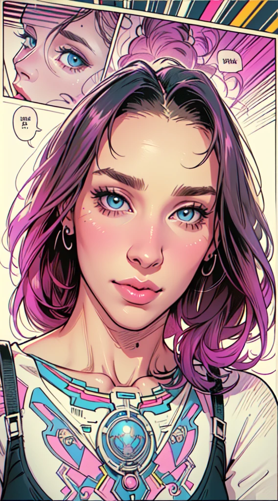 work of art,extremely beautiful woman,excellent sense,neckleace,(((perfect very white background))),American comics,(((The perfect woman))),(speech bubble),stronger,(((A person))),colorfully,rainbow color,highly detailed upper body,breast enlargement,lines,high-detailed face,cyber punk,