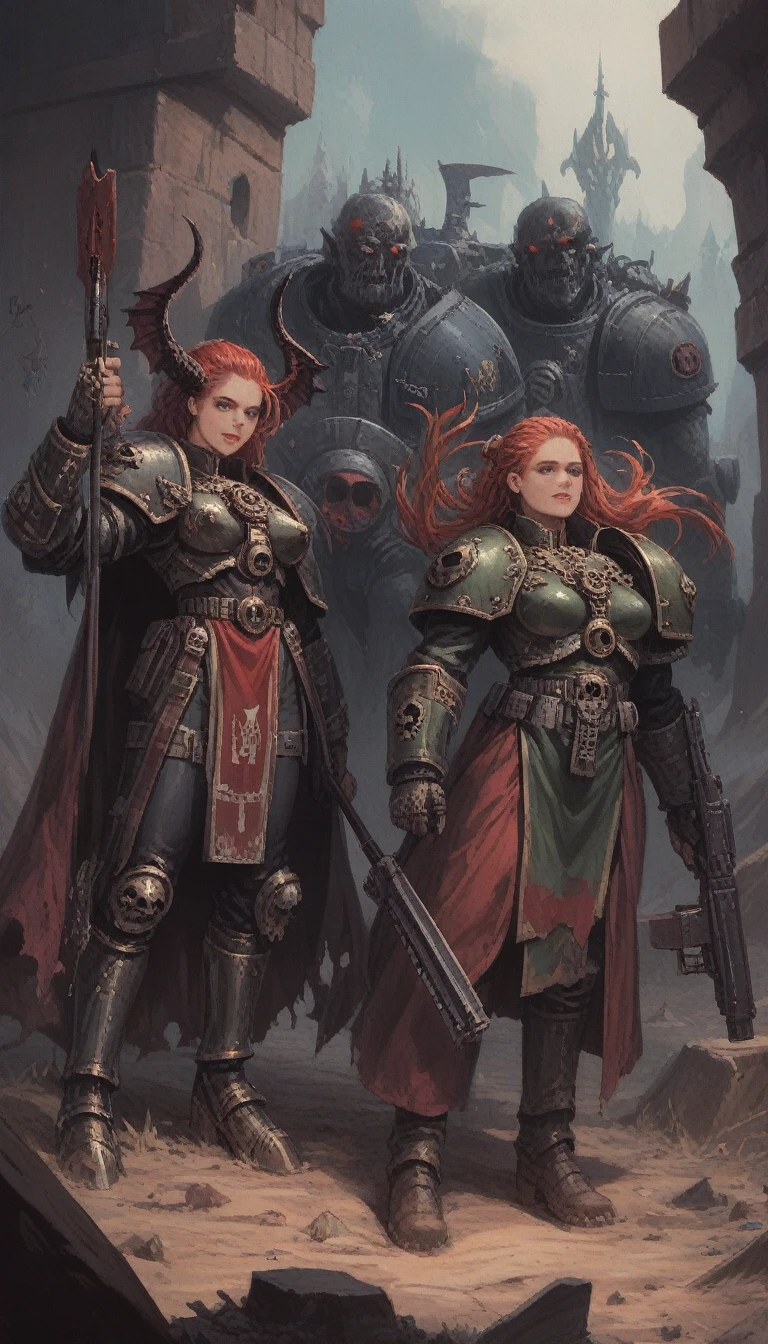 ((masterpiece)), Ultra-realistic, warhammer 40000 battle, sisters of battle vs demons , 