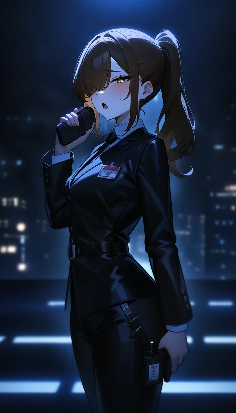 1girl, expressive eyes, perfect face, sexy, wide hips, brown hair, brunette, ponytail, hair over one eye, yellow eyes, business suit, long sleeves, black jacket, black necktie, formal suit, buttoned, ID pin, black pants, holster belt, holding walkie talkie, open mouth, half closed eyes, squinting, from side, looking at viewer,masterpiece, best quality, very aesthetic, absurdres, newest, high quality, 8k unity wallpaper, dark ambience, cinematic illumination, (night), low light, dark background, glossy light, 