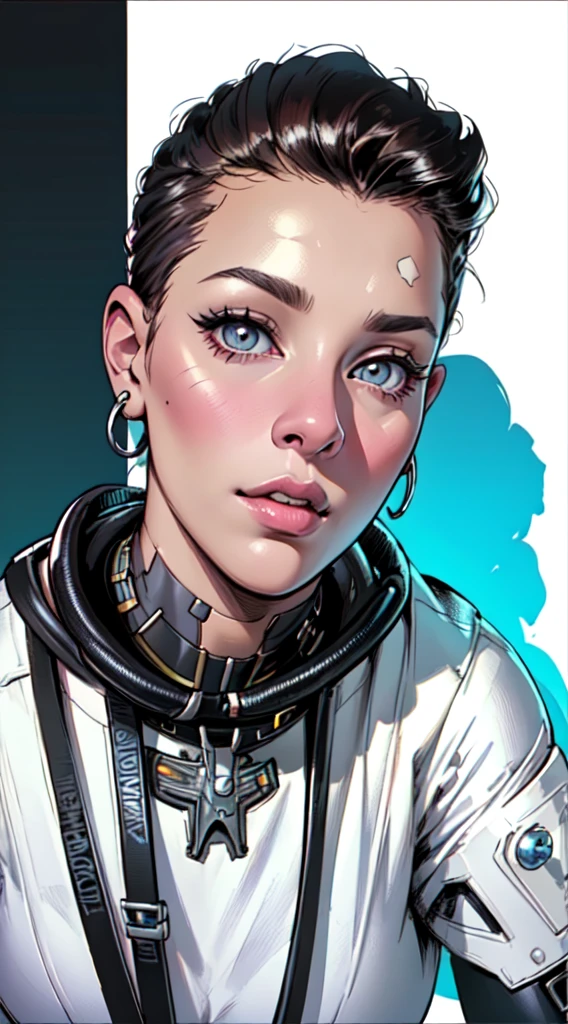 work of art,extremely beautiful woman,excellent sense,neckleace,(((perfect very white background))),American comics,(((The perfect woman))),(speech bubble),stronger,(((A person))),colorfully,rainbow color,highly detailed upper body,breast enlargement,lines,high-detailed face,cyberpunk, implants in the eyes like a cyborg, star trek