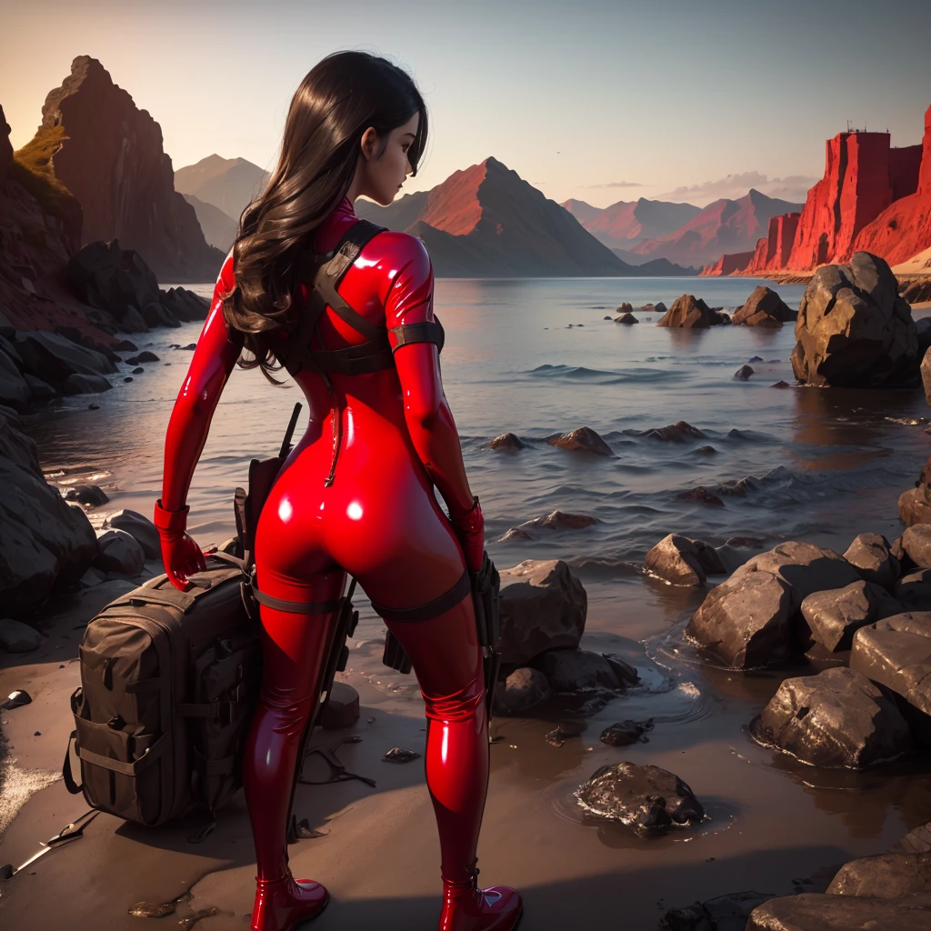 ((1girl) in Full-body view from behind to emphasize their tactical gear and presence, Ensure the girl operator is (wearing a red latex bodysuit :1.5), with black gloves and black boots, short black hair, beautiful body and perfect ass, including a crossbow in the back and perhaps some unique insignia or gear., Center or slightly off-center to make them the focal point, Standing confidently or in a dynamic stance that conveys readiness. The girl operator’s silhouette should be detailed enough to be recognizable but still maintain an air of mystery from behind., One grey wolf from behind could be in a crouched position with a focused, alert expression, and the other could be standing, slightly turned as if surveying the area.), (Two grey wolves to flank the operator, suggesting companionship or protection, One on each side of the operator, possibly in a crouched or alert stance, Detailed and fierce, with an emphasis on their strong, sleek forms.), (Create a rugged, realistic shoreline with some rocks and waves to set the scene, Place it in the distance, partially emerging from the water to add depth and a hint of military might, Ensure the submarine is recognizable but not overly detailed to keep it in the background.) The shoreline, integrating natural elements like small rocks and waves., Submarine emerging from the sea, possibly with a faint mist or water effects., Dark, muted military colors like greens, grays, and blacks., Use highlights in white or lighter shades to add contrast, especially for the submarine, A gradient or subtle blend of blues and grays for the sea and sky., ((No rocks or mountains in the background)),

