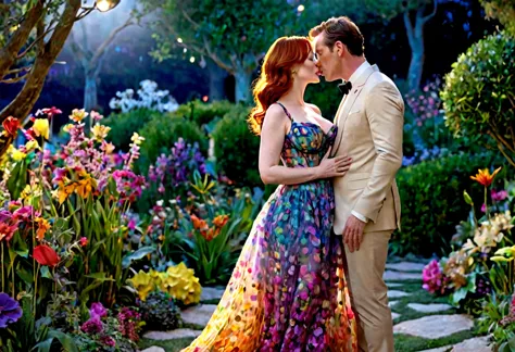 a detailed photo of christina rene hendricks in a sheer colorful gown without underwear, is making out (kissing, hugging, touchi...