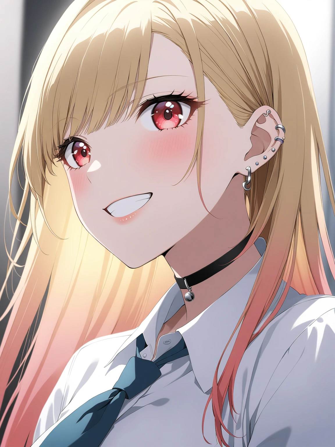 score_9, score_8_superior, score_7_superior, Intricate details,
One person, Kitagawa Marine, sono bisque doll wa koi wo suru, Blonde, Red eyes, ear piercing, Barbell Piercing, Black choker, Collared shirt, White shirt, Earrings, Blue tie, Grin, in,