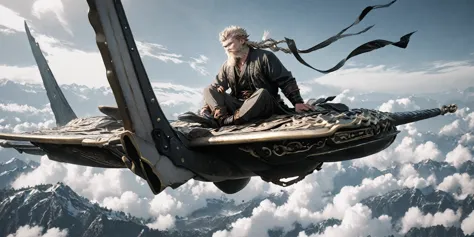 1man, viking wukong, nordic beard, sitting on flying cloud,