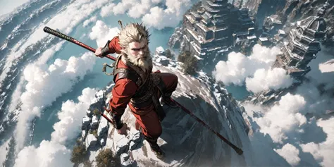 1man, viking wukong, nordic beard, sitting on flying cloud, drom above, high quality, fighting stick, from above, nice perspecti...