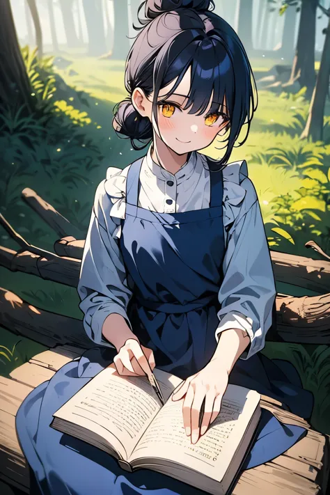 a girl of 5 or , dark blue hair tied with a toothpick in a bun, yellow eyes, a sweet and gentle smile, fair skin, wearing a ligh...