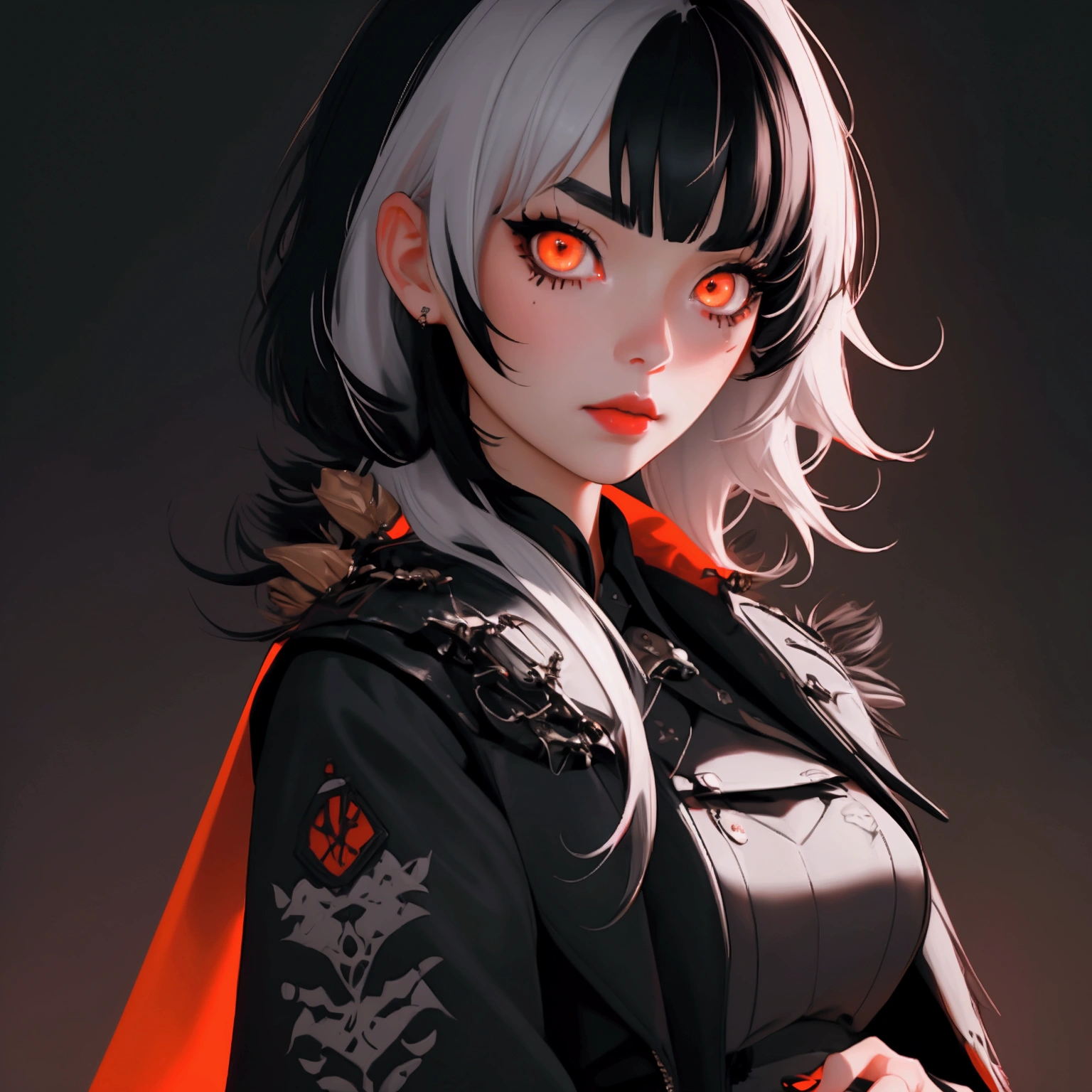 envision a 8k, highres, cinematic, close up beautiful portrait of a short girl named Shiori Novella with long black and white hair with hair ornaments, orange eyes, wearing a goth military Lolita dress and red cape against a dark background