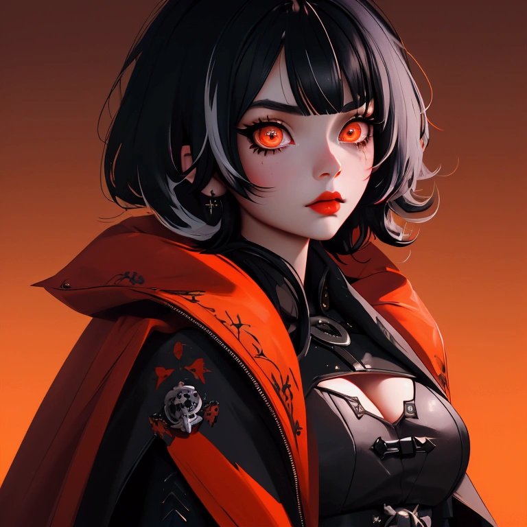 envision a 8k, highres, cinematic, close up beautiful portrait of a short girl named Shiori Novella with long black and white hair with hair ornaments, orange eyes, wearing a goth military Lolita dress and red cape against a dark background