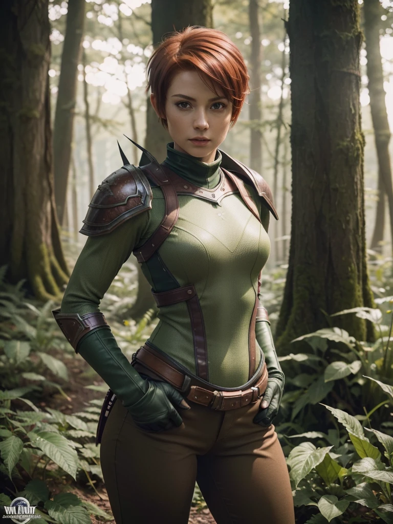 slim feminine figure, redhead, best quality, realistic skin texture, photography, film grain texture and high contrast, extremely high-resolution details, photographic, photorealistic, hyper-realistic, HDR, masterpiece, ((short pixie hair)), dressed up as a hunter from world of warcraft, full hunter armor, a green lust forest in the background, brown pants, armored shoulder-pads