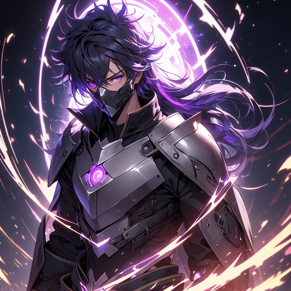 ((masterpiece)), (best quality), (ultra-detailed), (best illustration), (best illumination), photorealistic, 1boy, solo, long hair, lilac hair, no face, lilac eyes, black armor, lilac armor, multicolored armor, hammer hero, crazy, metal halo behind, dark aura, obsession, glowing pupils, full body, floating in air, ruins scenery, dark sky, helmet, mask, face covered. 