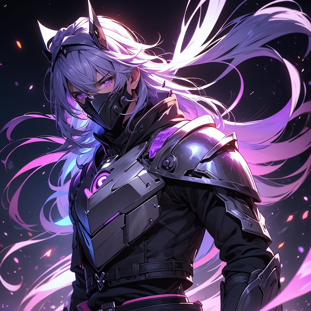 ((masterpiece)), (best quality), (ultra-detailed), (best illustration), (best illumination), photorealistic, 1boy, solo, long hair, lilac hair, no face, lilac eyes, black armor, lilac armor, multicolored armor, hammer hero, crazy, metal halo behind, dark aura, obsession, glowing pupils, full body, floating in air, ruins scenery, dark sky, helmet, mask, face covered. 