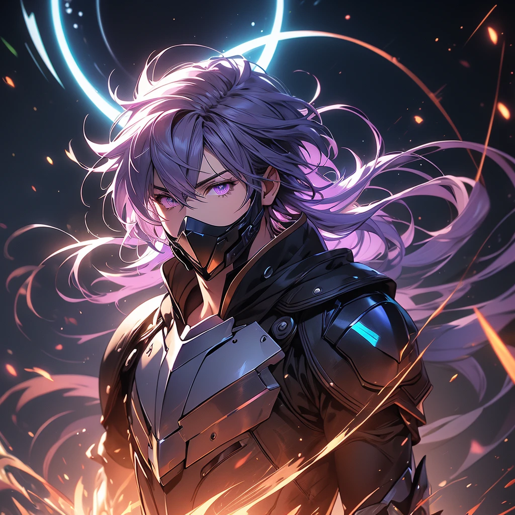 ((masterpiece)), (best quality), (ultra-detailed), (best illustration), (best illumination), photorealistic, 1boy, solo, long hair, lilac hair, no face, lilac eyes, black armor, lilac armor, multicolored armor, hammer hero, crazy, metal halo behind, dark aura, obsession, glowing pupils, full body, floating in air, ruins scenery, dark sky, helmet, mask, face covered. 