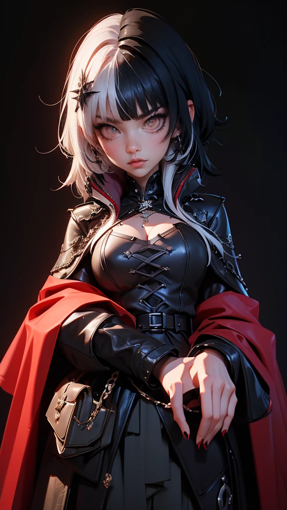 envision a 8k, highres, cinematic, beautiful full body design sheet of a short girl named Shiori Novella with long black and white hair with hair ornaments, Amber narrowed eyes, and goth messy makeup wearing a goth military Lolita dress and red cape against a dark background