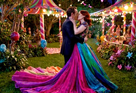 a detailed photo of christina rene hendricks in a sheer colorful gown without underwear, is making out (kissing, hugging, touchi...