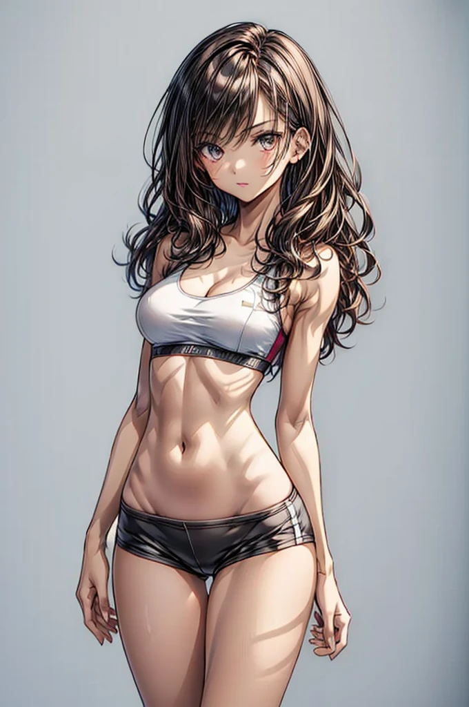 ((highest quality)),(ultra high resolution),(Super detailed), (best work of art), (1 young girl:1.5), beautiful and well-shaped face:1.5,(Beautiful skin with precise and detailed depiction:1.6),(sports bra and waist band nylon shorts ),gorgeous, masterpiece, best quality, high-resolution, finely detailed, extremely detailed and beautiful, distinct-image, hourglass figure,, 1 girl, 1 teenager, solo, sharp facial features, oval shaped face. cherry red lips,. velvet-colored eyes, C-cup breasts, tall height(175cm), slim curves, toned body type, flowing waist length ink-black dark violet hair, small narrow waist, long and slender legs, curvy wide hips, modern athletic setting, lightly tanned white skin