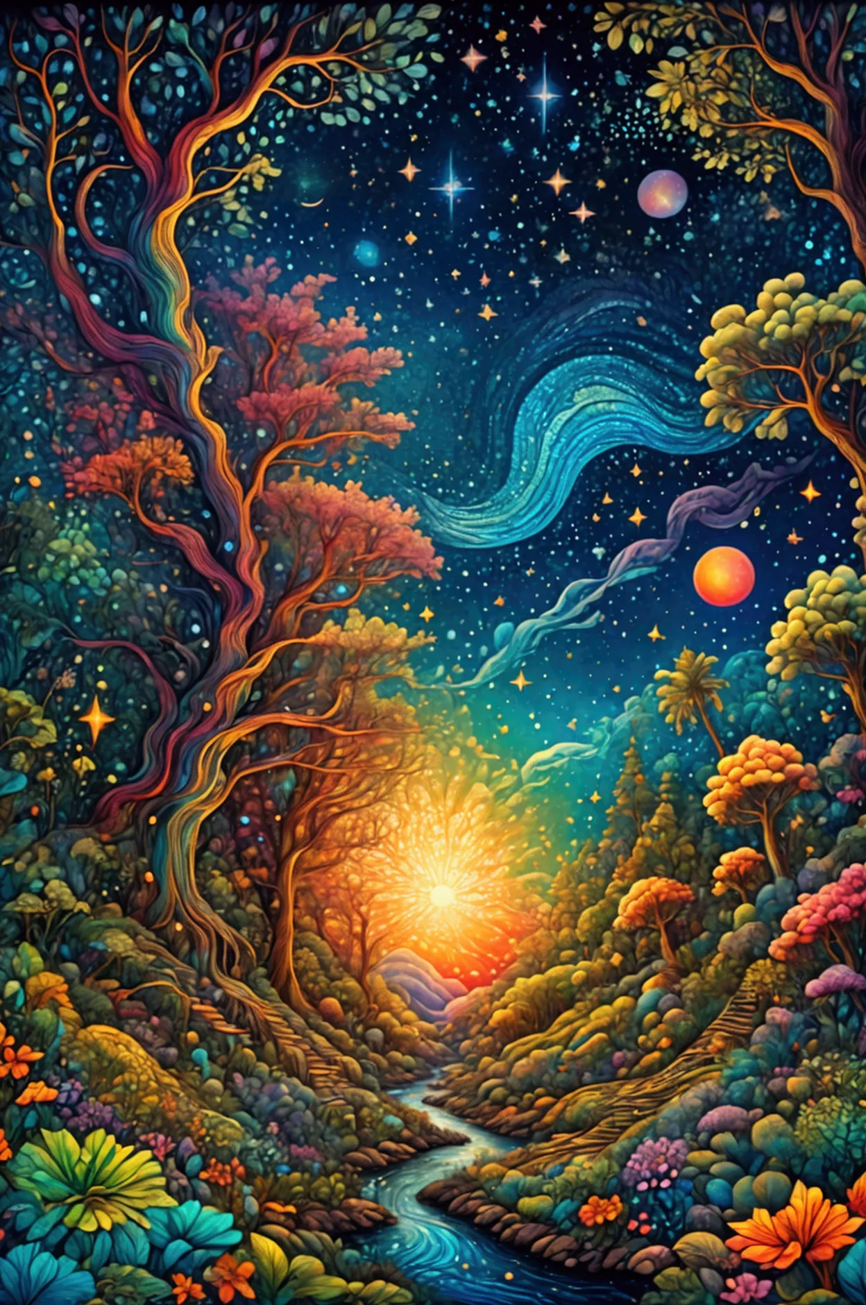 masterpiece 
the birth of creation, lush trees reflecting energetic and colorful streams of light in the magnificent galactic sk...