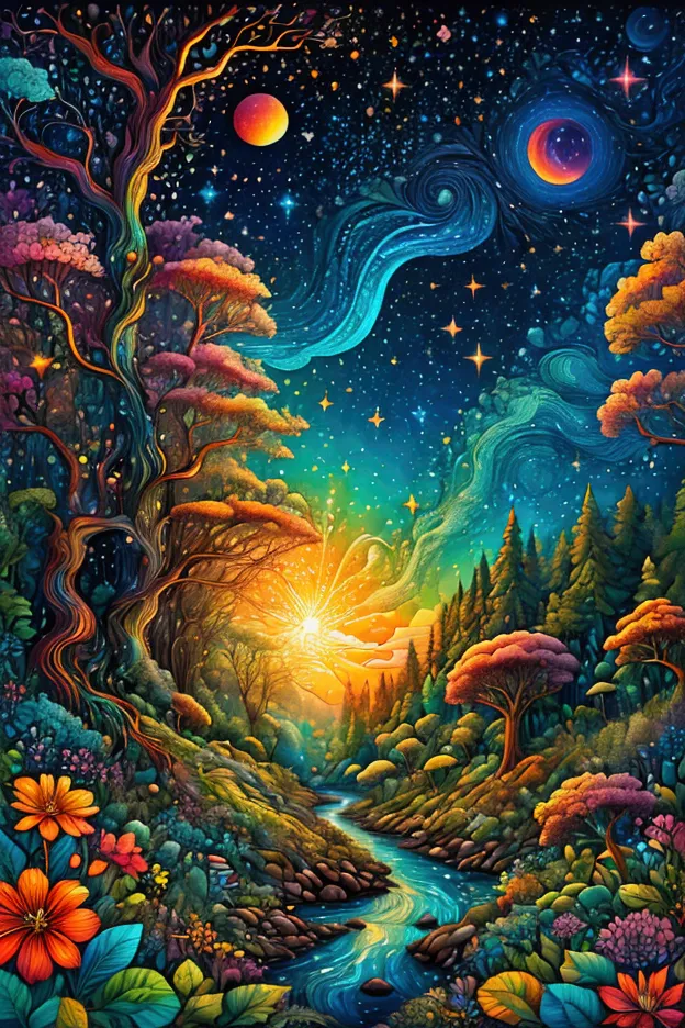 masterpiece 
the birth of creation, lush trees reflecting energetic and colorful streams of light in the magnificent galactic sk...