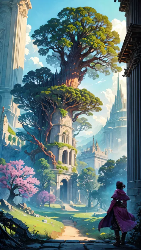 art、fantasy、mysterious、forest、huge tree、beautiful flower、(giant bird)、(ruins)、fantasy world、sf、colorful