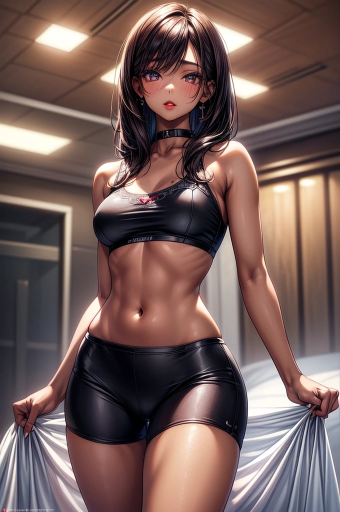 ((highest quality)),(ultra high resolution),(Super detailed), (best work of art), (1 young girl:1.5), beautiful and well-shaped face:1.5,(Beautiful skin with precise and detailed depiction:1.6),(sports bra and waist band nylon shorts ),gorgeous, masterpiece, best quality, high-resolution, finely detailed, extremely detailed and beautiful, distinct-image, hourglass figure, 1 girl, 1 teenager, solo, sharp facial features, oval shaped face. cherry red lips,. velvet-colored eyes, curvy wide hips, D-cup breasts, tall height(175cm), slim curves, toned body, waist length ink-black dark violet hair, small narrow waist, long and slender legs, lightly tanned white skin