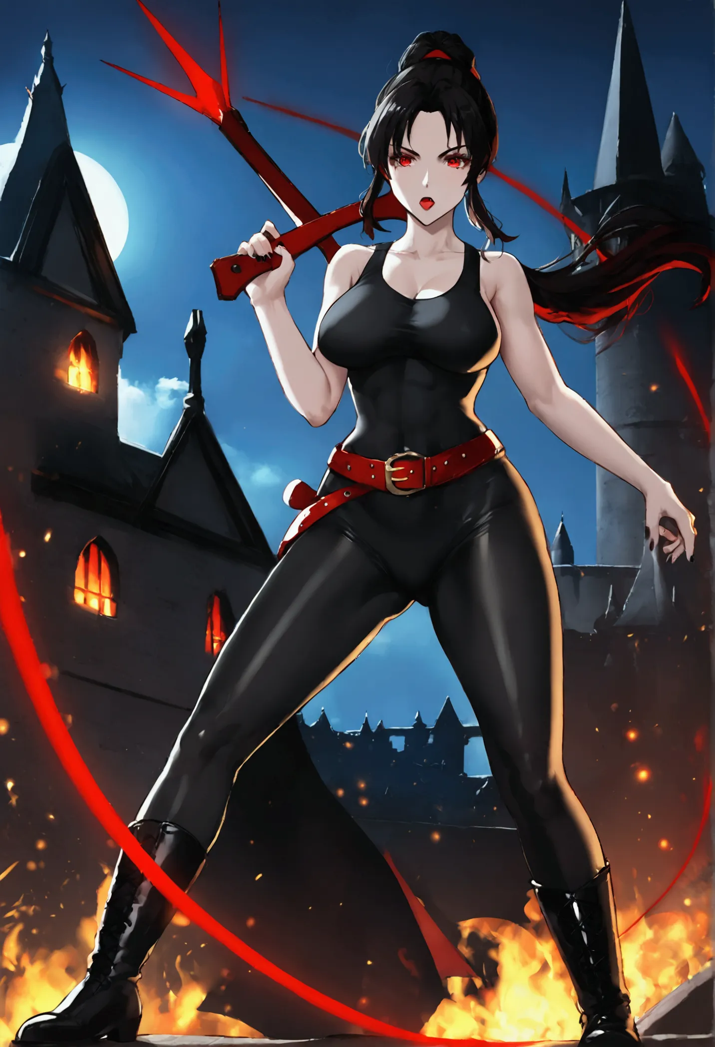 a vampire with shiny black hair, red eyes that emit a red light, wearing a black tank top, tight black leggings and black milita...