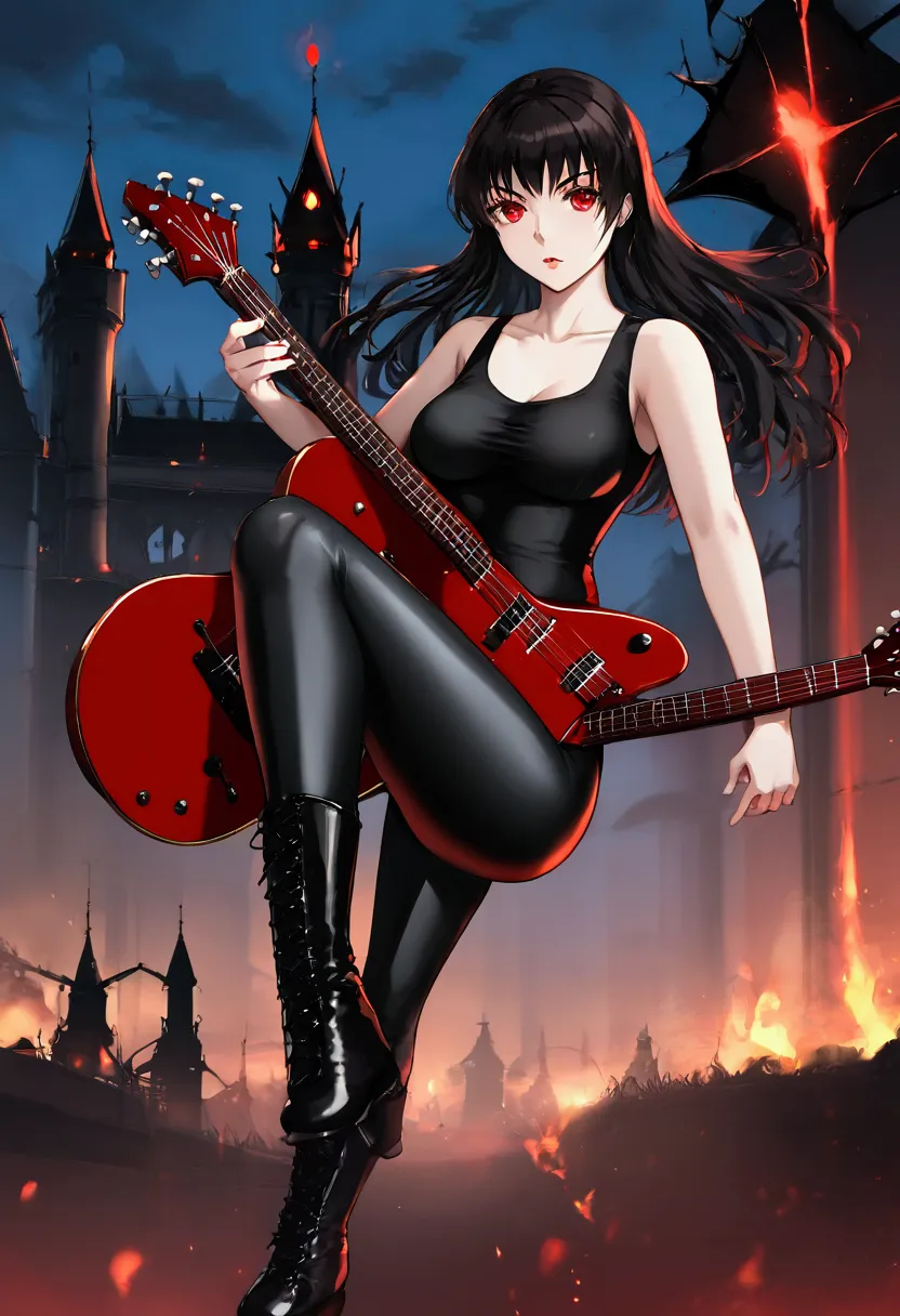 a vampire with shiny black hair, red eyes that emit a red light, wearing a black tank top, tight black leggings and black milita...