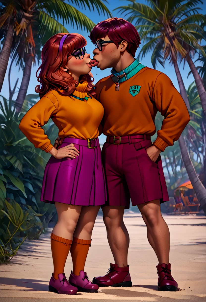 (Daphne and Velma (human) kissing) full body. on a deserted beach. Scooby Doo, four footed Great Dane dog, watches,