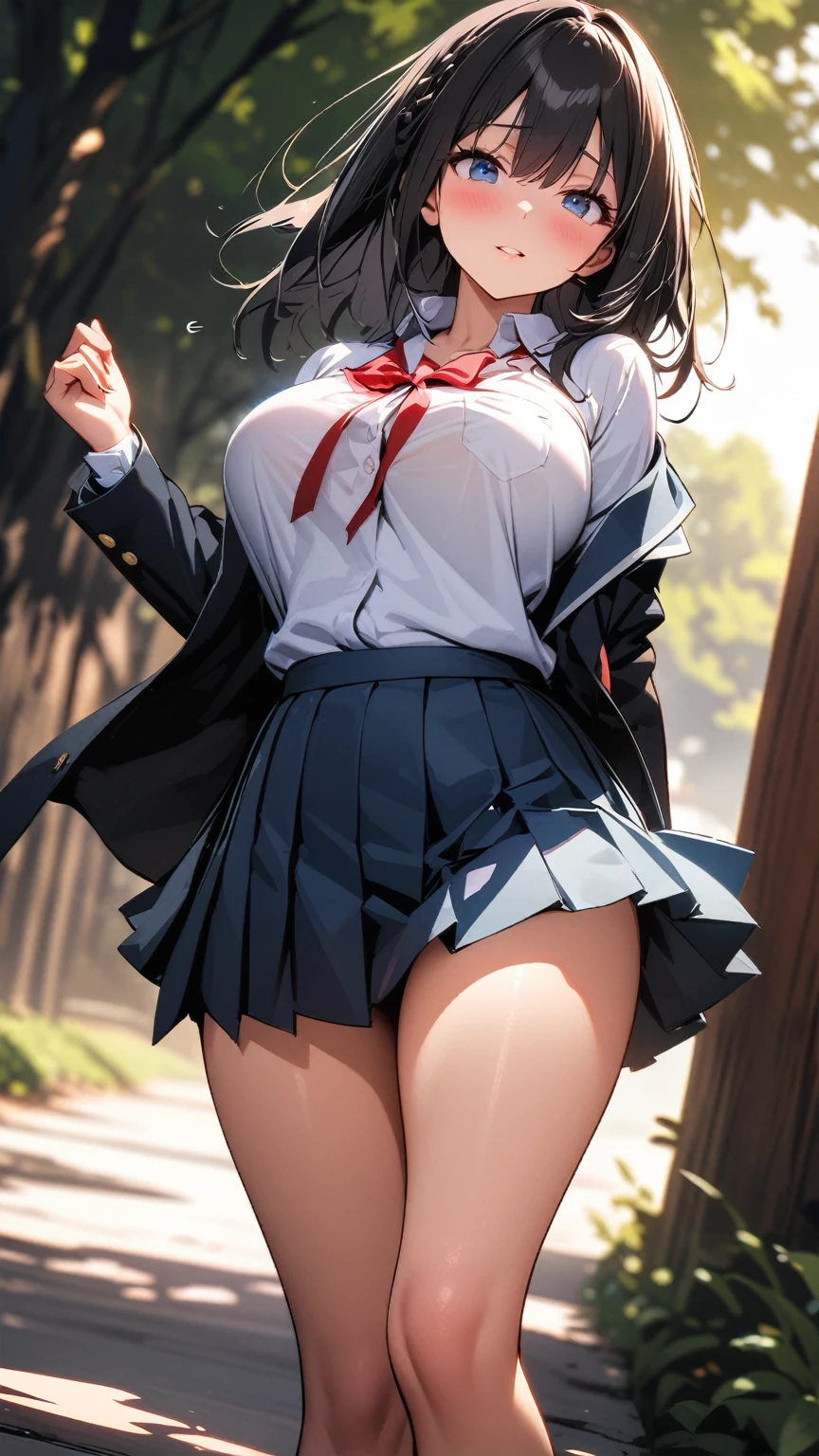 (beautiful girl: 1.3),(1girl,masterpiece, Highest quality, Ultra-high resolution,rich contrast,super high quality,8k,Highly detailed CG unit wallpaper,texture,Incredibly absurd,Ultra-high resolution,RAW Photos,Depth of Field:1.2),(magnificent panorama view:1.3),(High School Uniform&Pleated skirt:1.5),Black Hair,Crown braid,Ultra-detailed eyes,(sensuous),Glowing Skin,sunlight through trees,blush,Sigh,((Large Breasts))