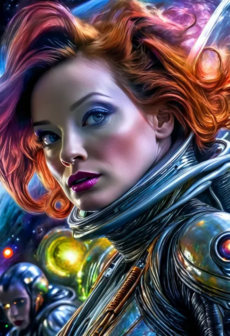 a highly detailed, photorealistic painting of christina rene hendricks wearing a sexy sci-fi space suit, sci-fi make-up, with si...