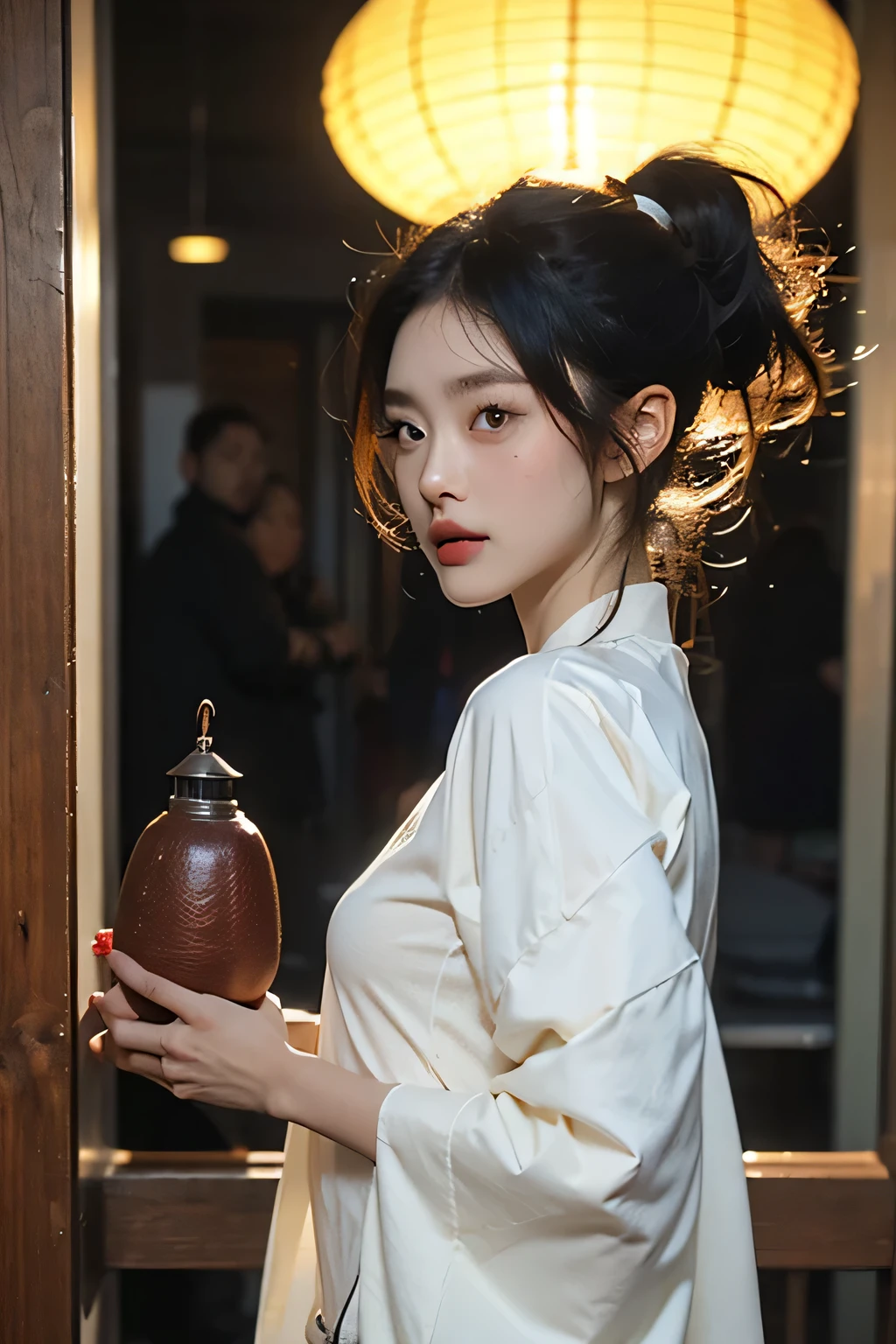 A beautiful woman who appears in the world of Stolenhäg、、、、Small breasts、、Light from the front、、One lantern、Inside a sturdy Japanese-style wooden cage、midnight、High Ponytail、Showing her side、、Completely naked

