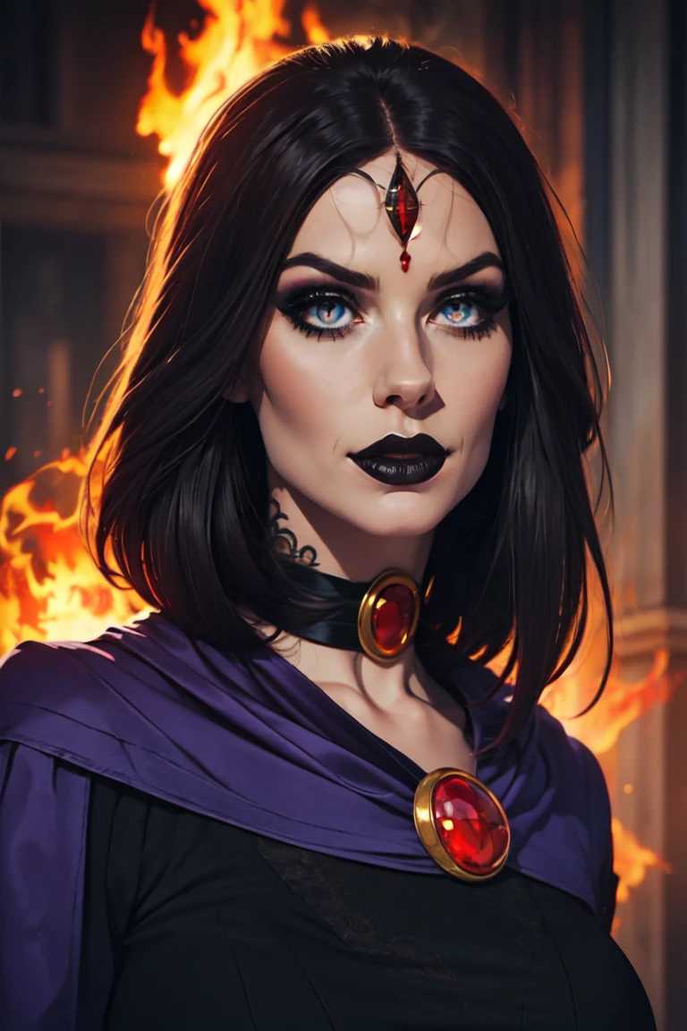 (Best Quality, 8k, masterpiece, HD), (Photo of attractive Caucasian gothic model woman with tattoos), only 1Girl like Raven, ((precious stone on the forehead)), heavy makeup , layer, choker,very pale skin,Ultra detailed face, detailed lips, fine eyes, black lipstick, fine eyes, whole body, walking on fire