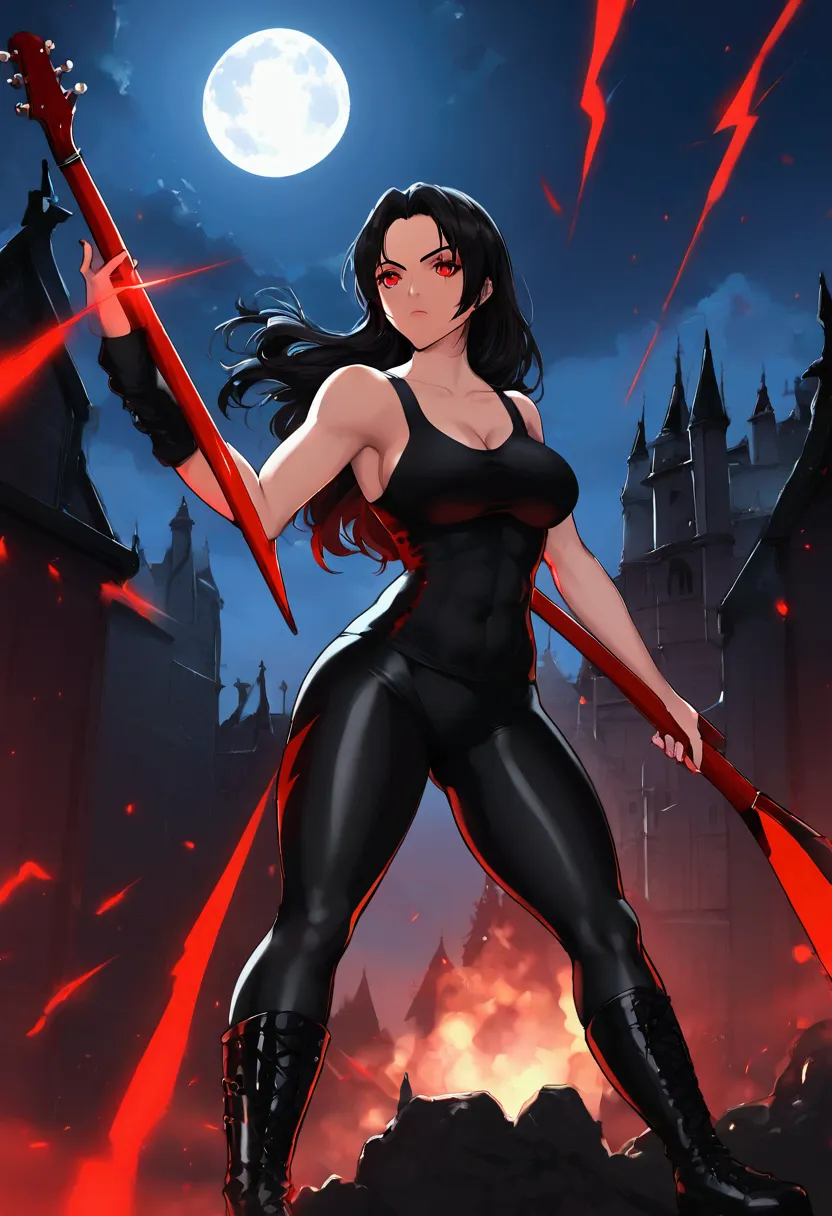 a vampire with shiny black hair, red eyes that emit a red light, wearing a black tank top, tight black leggings and black milita...