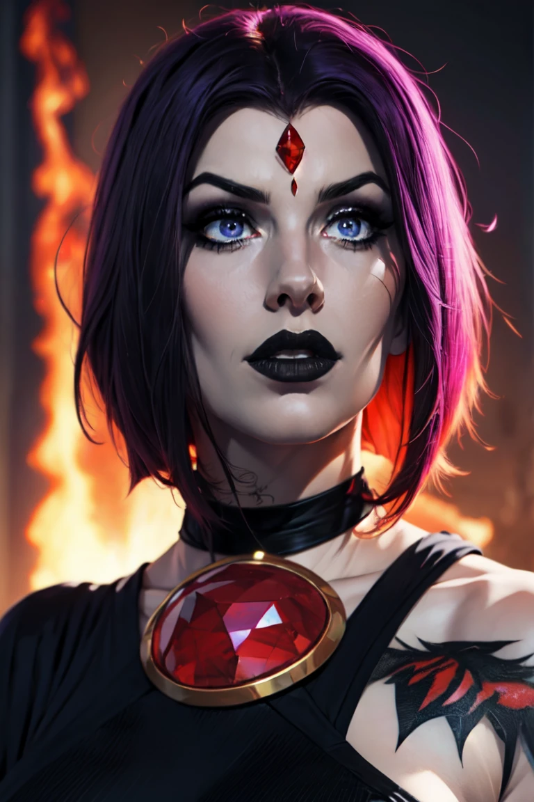 (Best Quality, 8k, masterpiece, HD), (Photo of attractive Caucasian gothic model woman with tattoos), only 1Girl like Raven, ((precious stone on the forehead)), heavy makeup , layer, choker,very pale skin,Ultra detailed face, detailed lips, fine eyes, black lipstick, fine eyes, whole body, walking on fire