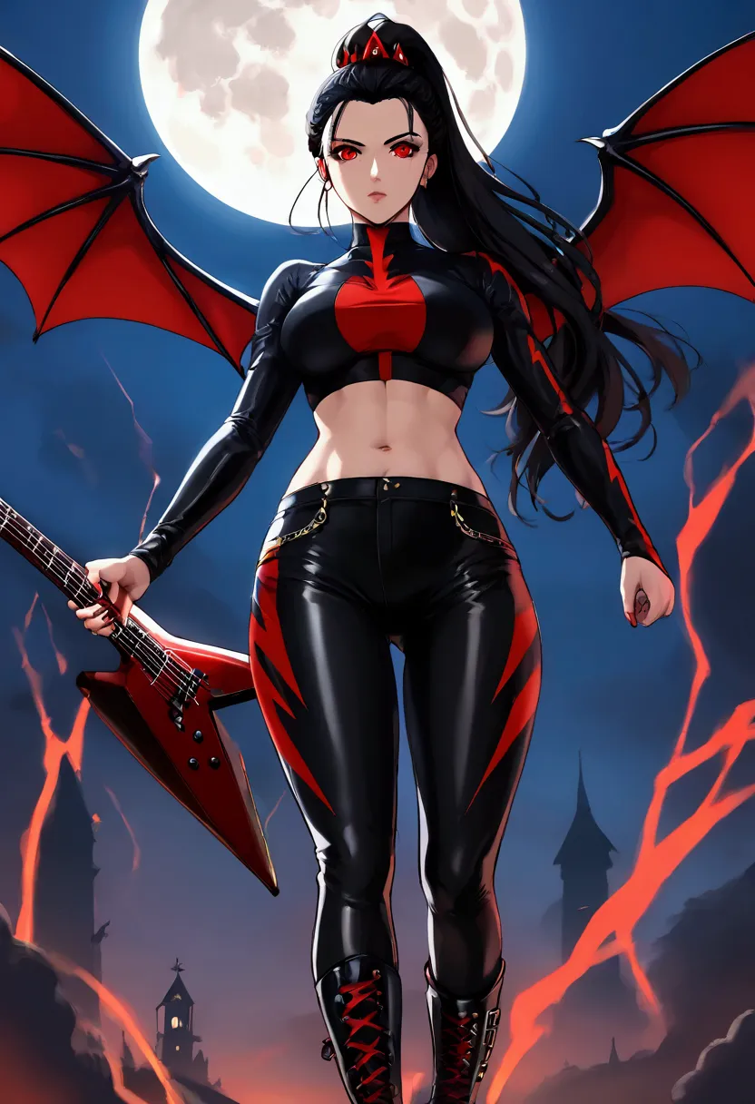 a vampire with long, shiny black hair, red eyes that emit a red light, wearing a tight black crop top, tight black jeans and bla...