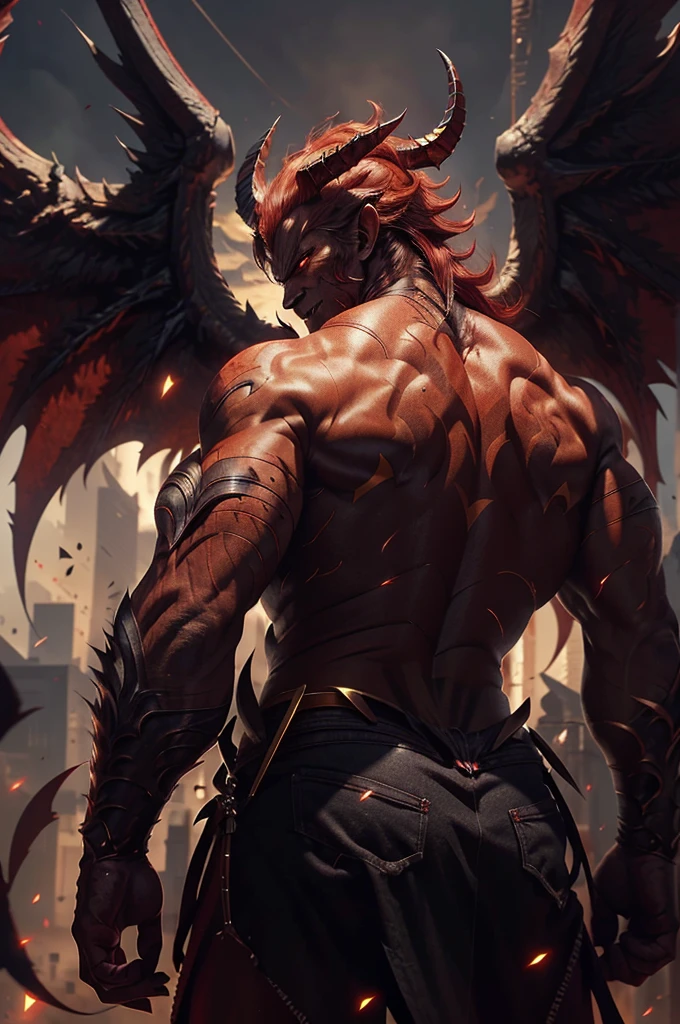 Demon man with very small horns that barely protrude from the sides of his head, red skin, friendly and kind face (square or semi-square face) square eyes, wearing an elegant sleeveless shirt and ripped black jeans, red hair and golden eyes, with white angel wings coming out of his back