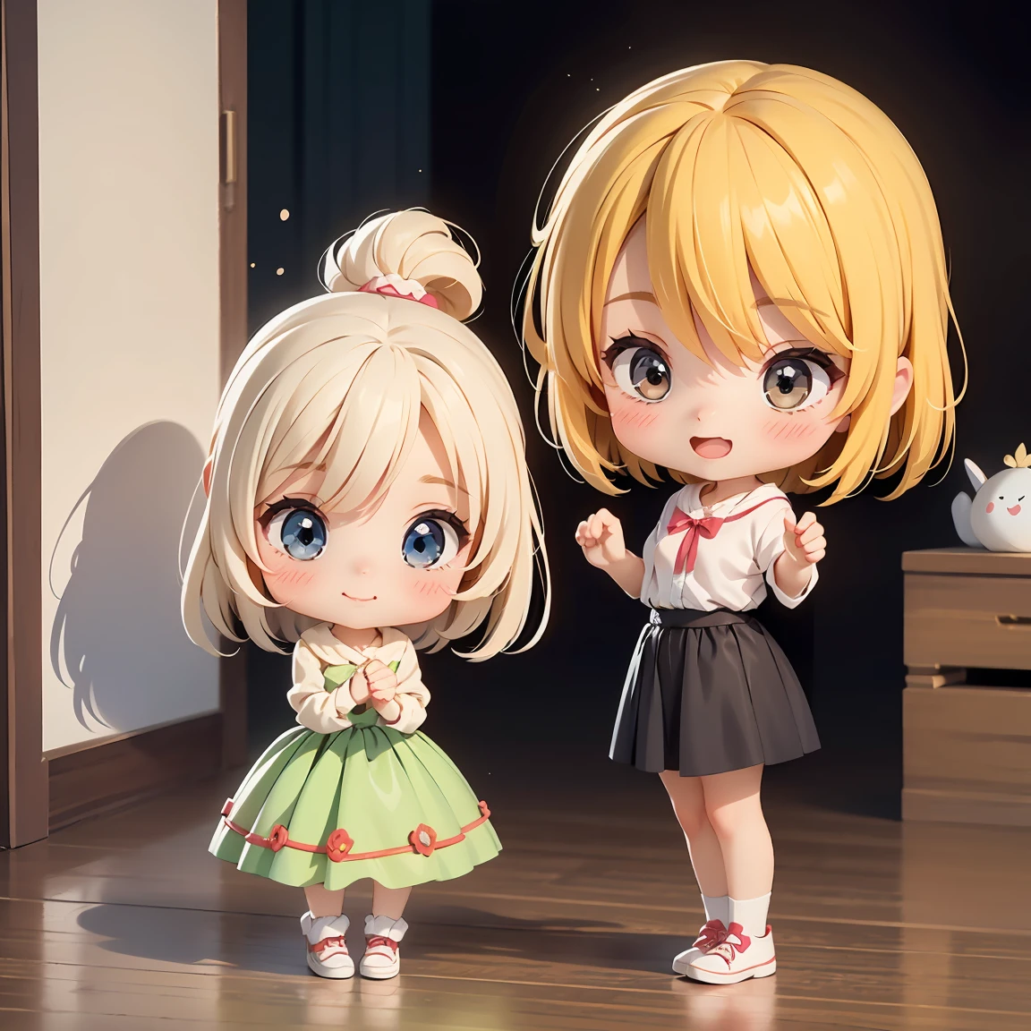 Super Chibi Character：1.8、Blonde Hair、Cute  girl、Cute Costumes、Super Chibi Character：1.8、Wearing cute shoes、Jumping and laughing out loud：1.8