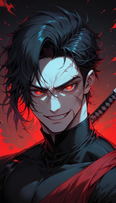 a boy with long black hair and bright red eyes with vertical pupils, in a dark environment with scars across his face, he had an...