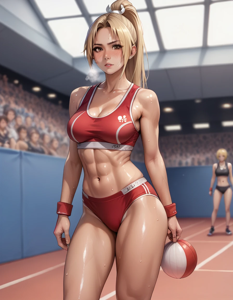 Crotch bite、Digging into the crotch、,((blonde hair, tanned, ))、wet legs、Ponytail Mai Shiranui, 、、Escape to, score_9, score_8_upper, score_7_upper, score_6_upper, score_5_upper, score_4_upper、Inspired by Japanese manga style, Manga style, How to draw manga, Digital drawing, An 8K masterpiece depicting a Japanese manga about girls in their twenties, Act as a slave,, . , shortness of breath, , close your eyes, , Sweaty. . My open fingers are rough. whole body. . Six Pack Abs. . information. Surrounded by a crowd.full body、drunk、score_9, score_8_up, score_7_up,
(masterpiece, best quality:1.2), 8k, RAW photo, photo realistic, ultra detailed, depth of field, perfect anatomy, looking at viewer, 
1girl, , pretty girl, medium breasts, navel, shiny skin, , toned body,sweat,
sports bra,red  briefs,,sultry, seductive,sexy pose,
sports gym,