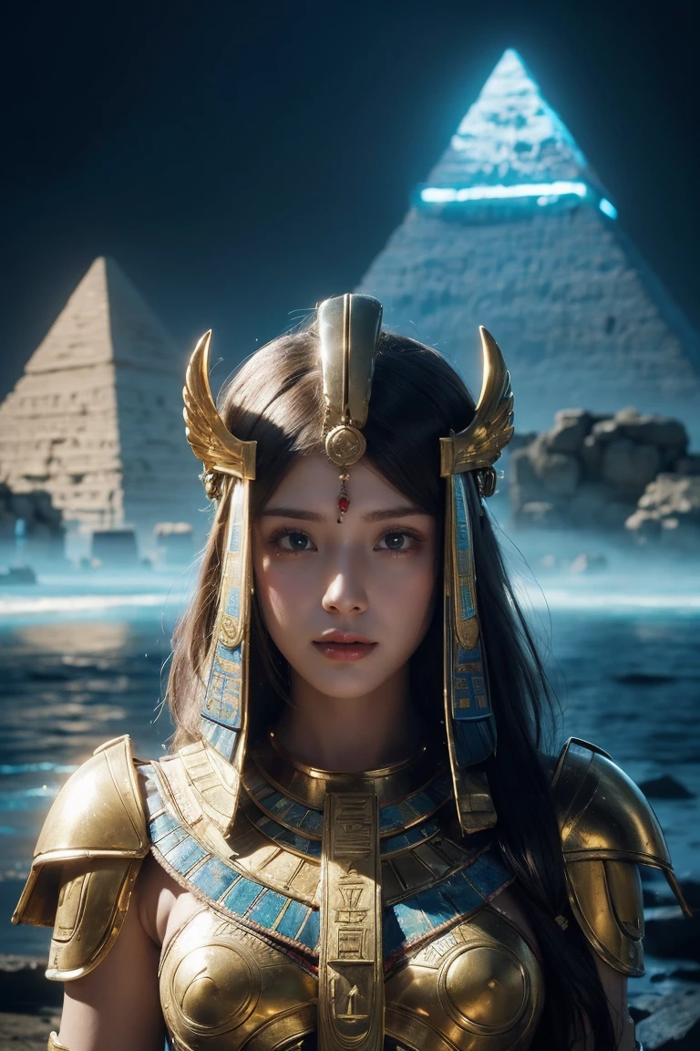 ((Highest quality、8k、masterpiece:1.3))、Photorealistic, Sharp focus, high resolution, High resolution, Portraiture, One person, woman, beautiful woman, sexy、古代エジプトを歩くエジプトのwoman戦士、Complex technology, Pyramids and ancient Egyptian cities far away、cyber-、Light and shadow、Cyan Light、