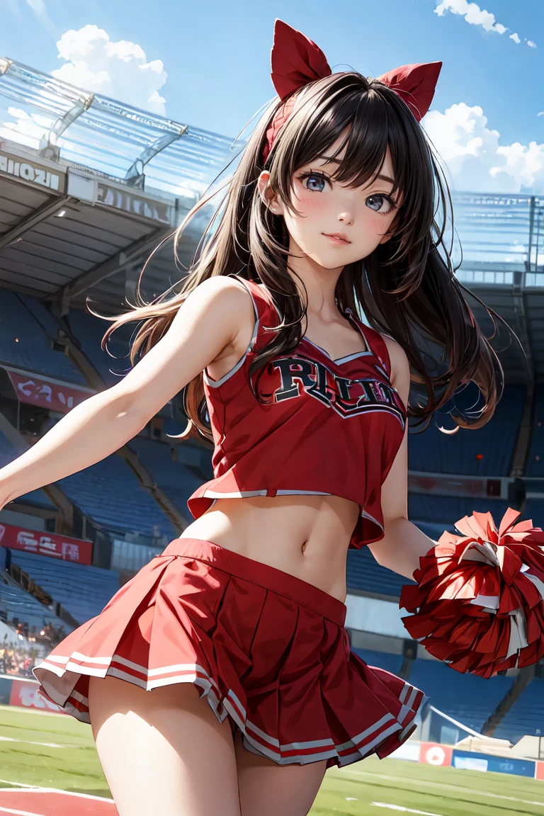 (Highly detailed eyes), (Ultra-detailed顔),high quality, Best image quality, masterpiece, Teenage Girl, 1, Very cute and beautiful cheerleaders are dancing, Dynamic pose, Soft wavy hair, Black Hair, (smile:1.2), Mid-chest, (Red top with logo:1.3),, Underarm, belly button, Thighs, Exposing shoulders, Bare arms, Natural light, Hair blowing in the wind, Beautifully detailed skies, Stadium, ((最high quality)), Ultra-high resolution, Ultra-detailed, Detailed depiction, ((Best Anime)),bottomless,