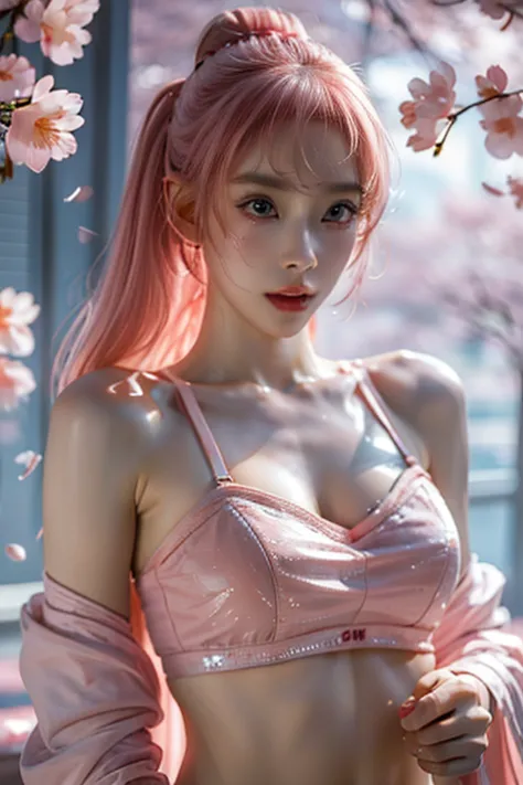 (((sexy pink lingerie)))、bangs and twin tails、belly button and lower chest are visible、shiny skin、((shy face))、((blushed))、(tear...