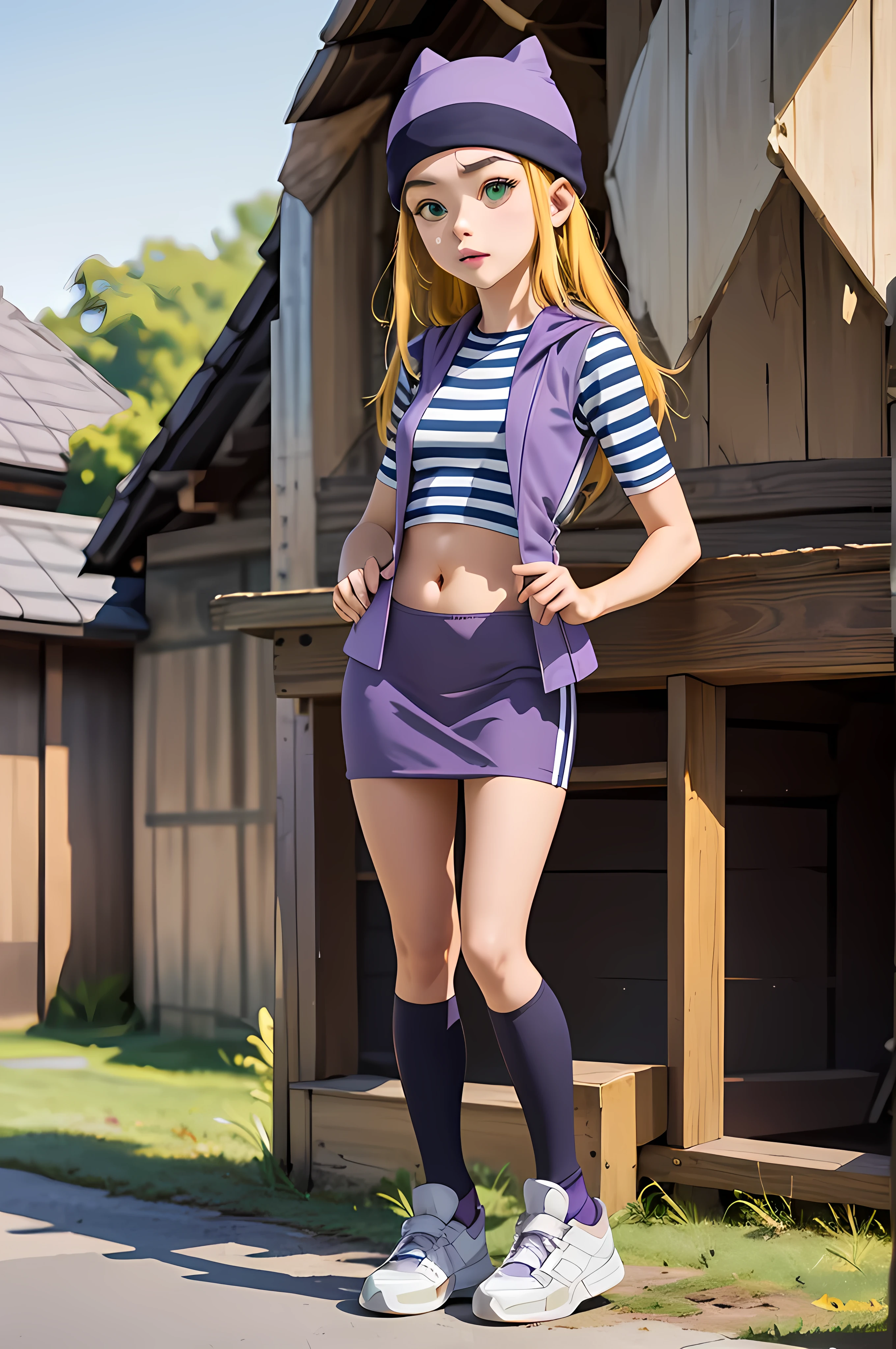 (masterpiece, best quality), 1girl, izumi Orimoto, full body view, perfect pretty face, green eyes, blonde hair, long hair, purple beanie, purple vest, purple miniskirt, blue white striped shirt, long purple socks, sneakers, purple vest, striped shirt, navel shirt