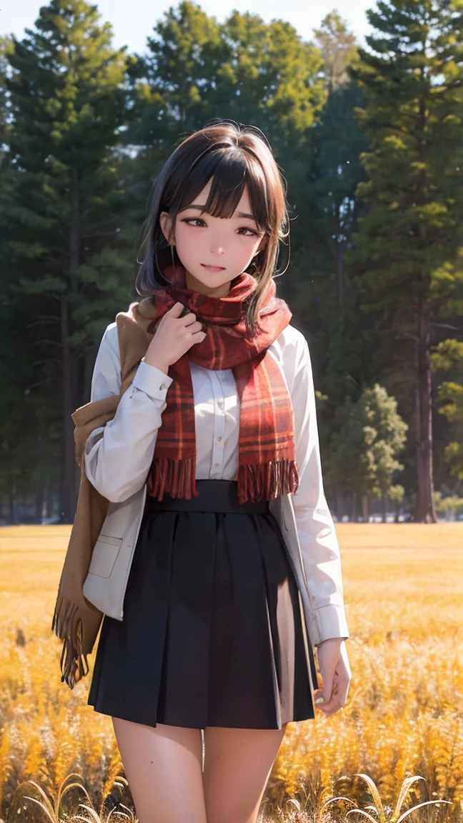 8k, Highest quality, masterpiece, Realistic, Very detailed, photo Realistic, Improvement of quality, Photo of a girl standing in a field wearing a scarf, designer&#39;Dark and gloomy style, big chunks, Photobash, Calm face, Jagged Edges, navy, Natural Beauty, Close-up shot